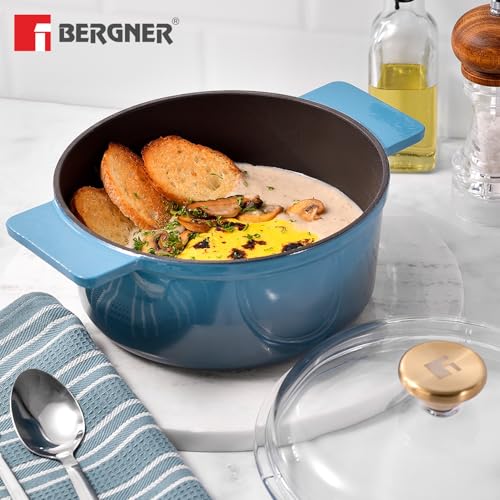 Image of Bergner Excalibur Lightweight Cast Iron Dutch Oven /Biryani Pot /Casserole with Glass Lid, 20cm (2.3L), Non-Stick Coating, PFAS Free, Elegant Design, Silicone Grips, Induction and Gas Stove Ready (Blue)