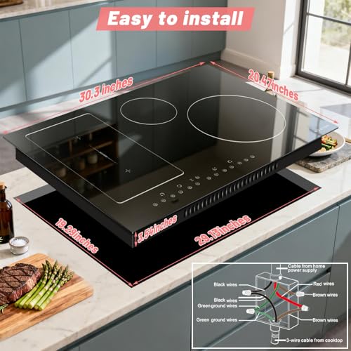Image of Noxton 30 Inch Induction Cooktop, 4 Burners Electric Cooktop, Upgraded Induction Stovetop with Flex Zone, Power Boost, Pause, 9 Power Levels, Child Safety Lock, Timer, 220-240V Hard wire
