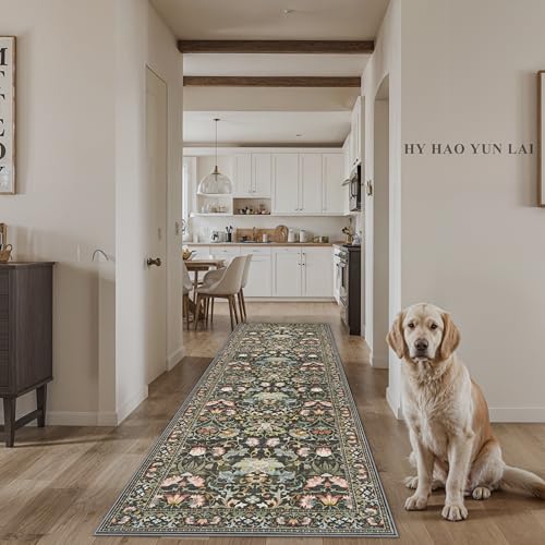 Wide Hallway Washable Runner Rug: 3x10 Water-Resistant Entryway Area Rug Vintage Soft Carpet for Living Room Non Slip Indoor Farmhouse Floor Mat for Bathroom Laundry Room(3x10,Green)