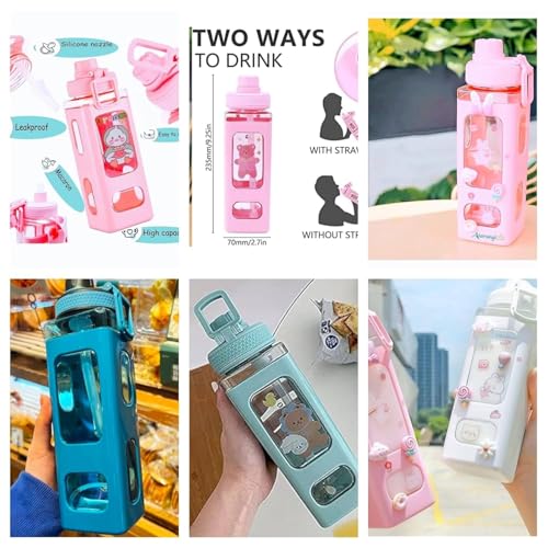 Image of LHOTSE FreeSip Cute Square Water Bottle for School with Straw & Leakproof Lid - Large Capacity Kawaii Bottle for Kids, Girls & Office Use (Blue)