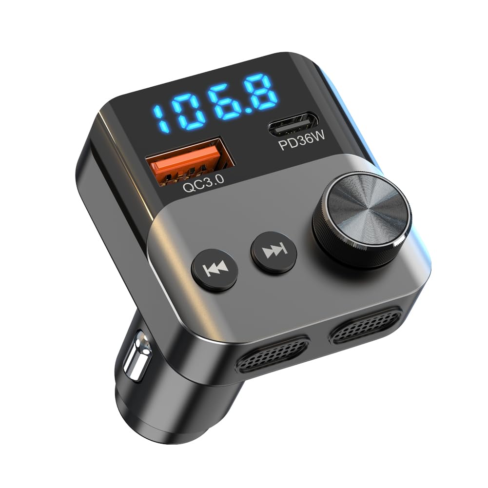 Ilokey Bluetooth 5. 3 FM Transmitter for Car, Wireless Bluetooth Car Adapter with 36W QC 3.0 + PD 3.0 USB C Fast Charger, Car Radio Transmitter, Support Hands-Free Phone Call Siri Voice Assistant