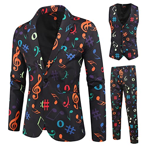 Men's Casual 3D Music Notation Printed Suit Valentine Blazer Sports Suits Workout Gym Fitness One Button Lapel