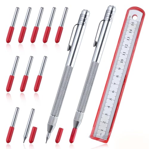 LEONTOOL 2 Pcs Tungsten Steel Scriber with Magnet Replaceable Tip Scriber Tool with Extra 10 Replacement Marking Tip 1 Ruler Etching Engraving Pen for Glass Wood Metal Sheet Leather