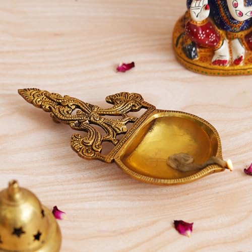 Image of eCraftIndia Golden Ethnic Design Brass Diya with Handle - Ideal for Home Temple for Ganesh Chaturthi, Navaratri, Diwali