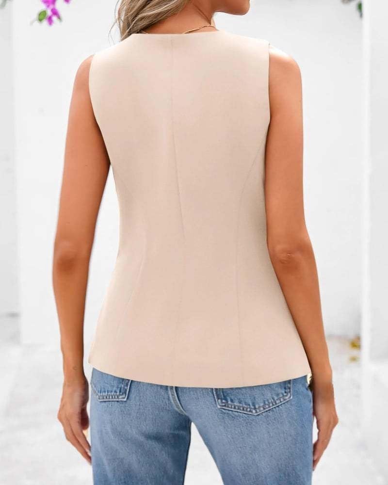 Chaleco De Traje para Mujer,Chaleco Vintage Sin Mangas con Cuello Redondo Y Botonadura Sencilla para Mujer Chaqueta Informal con Botones para Verano Elegante Traje De Oficina para Negoc