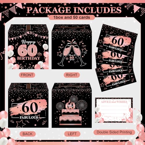 Image of Funrous 60th Birthday Party Message Card Box Cheers to 60 Years Black Rose Gold Advice and Wishes Greeting Card Box for Men Women Birthday Decorations Party Supplies Anniversary Tables Sign Decor