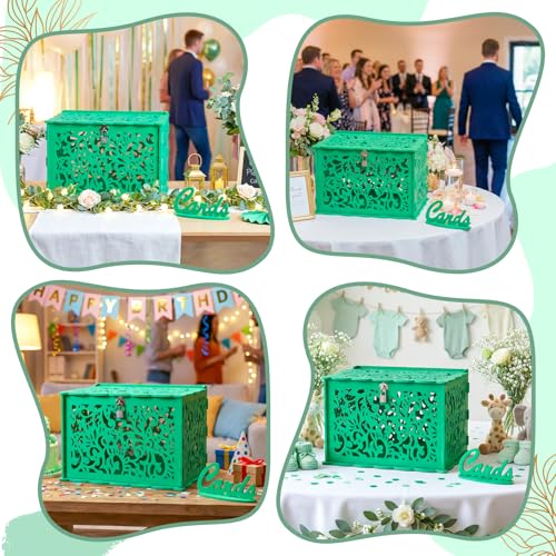 Image of OurWarm Green Wedding Card Box with Lock, Elegant PVC Gift Card Box for Party for Wedding Reception Decorations, Versatile Honeymoon Fund Boxes for Bridal and Baby Shower Events