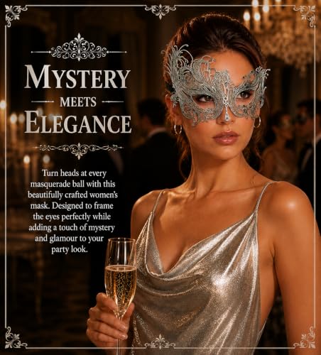 Image of Metal Filigree Masquerade Mask for Women - Swan Style Mask with Rhinestones for Mardi Gras, Prom, Halloween & Venetian Party