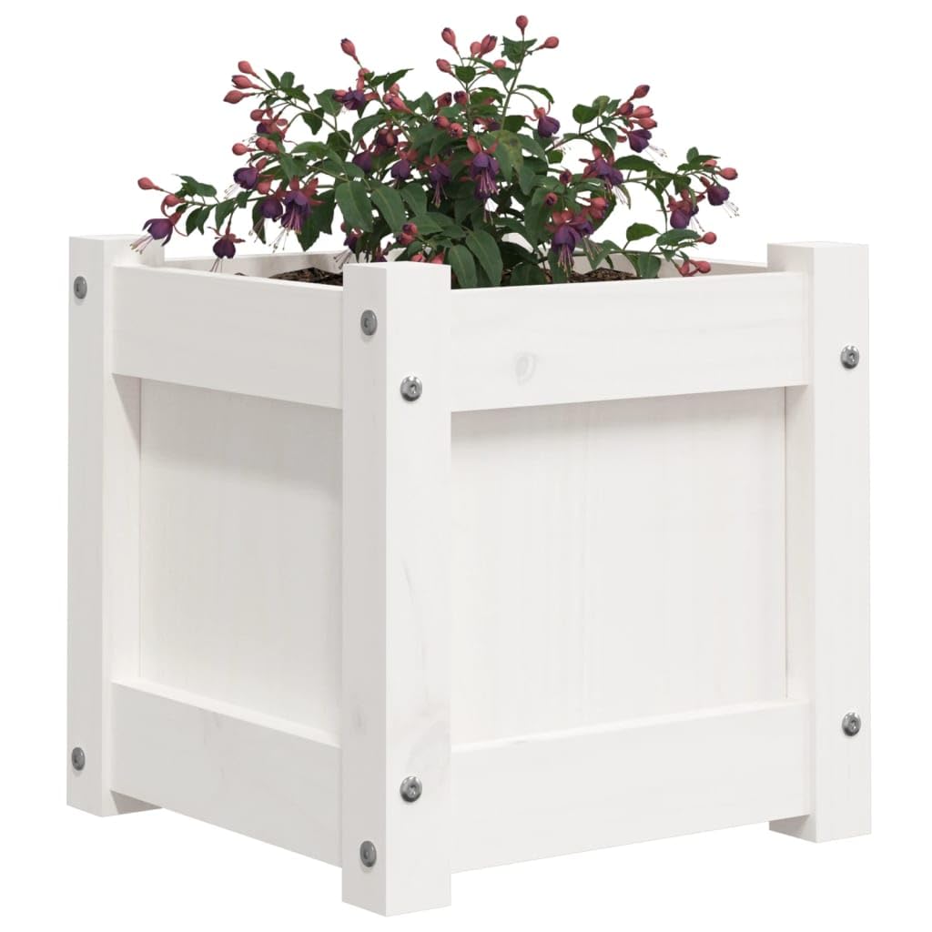 Weißer Pflanzkübel aus massivem Kiefernholz 31 x 31 x 31 cm für Balkon, Terrasse, Garten, Fensterbank, innen und außen, für Blumen, Kräuter und Gemüse