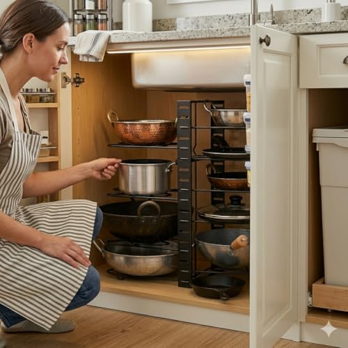 Image of ProGrade Pan Stand, Black Metal Multi-Tier Pot and Pan Organiser Rack, Freestanding, Powder Coated, for Kitchen Storage