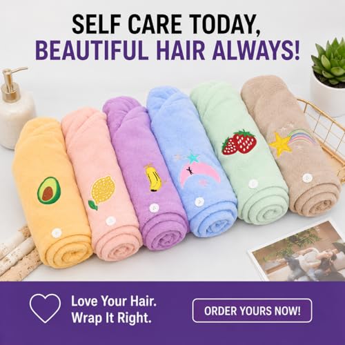 Image of RK Microfibre Hair Drying Towel Wrap, Quick Drying, Soft and Absorbent, Cute Embroidered Design, Button Closure (2)