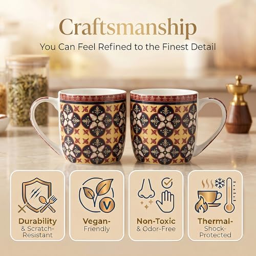 Image of UPC Coffee Mug Set of 6 | Golden Yellow & Black Mughal Floral Tile Print | Maroon Border Ethnic Medallion Pattern | Bone China Tea & Coffee Cups | Microwave Safe | Home & Kitchen