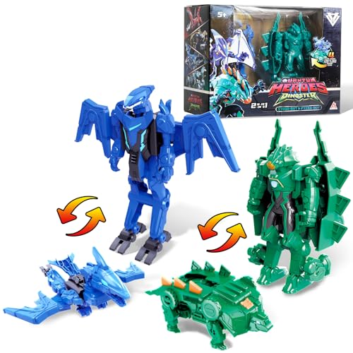 2 em 1, brinquedos Transforming, figura de ação dinossauros, Stego e Ptera 2 peças, 5 polegadas, brinquedos de figura de ação para meninos e meninas 5 6 7 8 9 10 anos, azul/verde