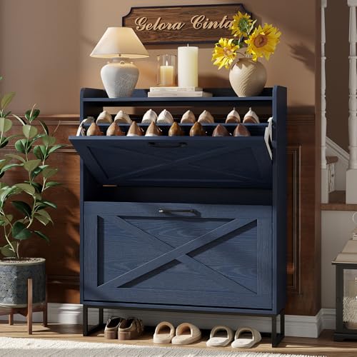 Image of Maupvit Shoe Storage Cabinet with 2 Flip Drawers, Freestanding Shoe Organizer with Metal Legs for Entryway, Narrow Shoe Rack Cabinet, Blue
