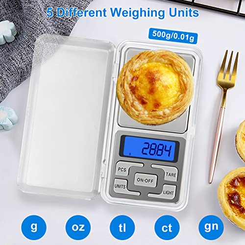 Digital Kitchen Scales 0.01g X 500g Mini Kitchen Pocket Scale Jewellery Precision Gram Weed Scales With Back-Lit LCD Display for Food Jewellery Gold Coffee (2 Battery Included)