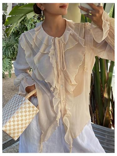 GORGLITTER Women's Chiffon Blouses Dressy Peasant Tops Boho Sheer Ruffle Bishop Long Sleeve Button Down Shirt4
