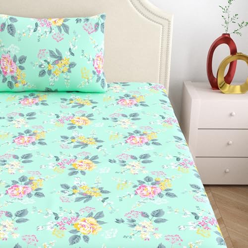 Image of Home Ecstasy 100% Cotton Single Bedsheet with 1 Pillow Cover - (Size 59 x 87 inches, 140 TC, Colour - Seagreen: Sea Foam)