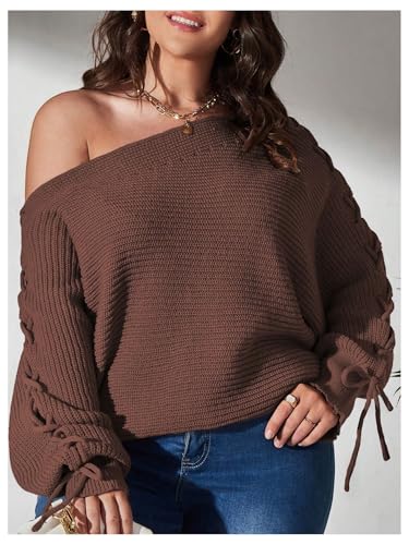 SOLY HUX Women's Plus Size Sweater Off Shoulder Lace Up Long Sleeve Asymmetrical Neck Pullover Top3