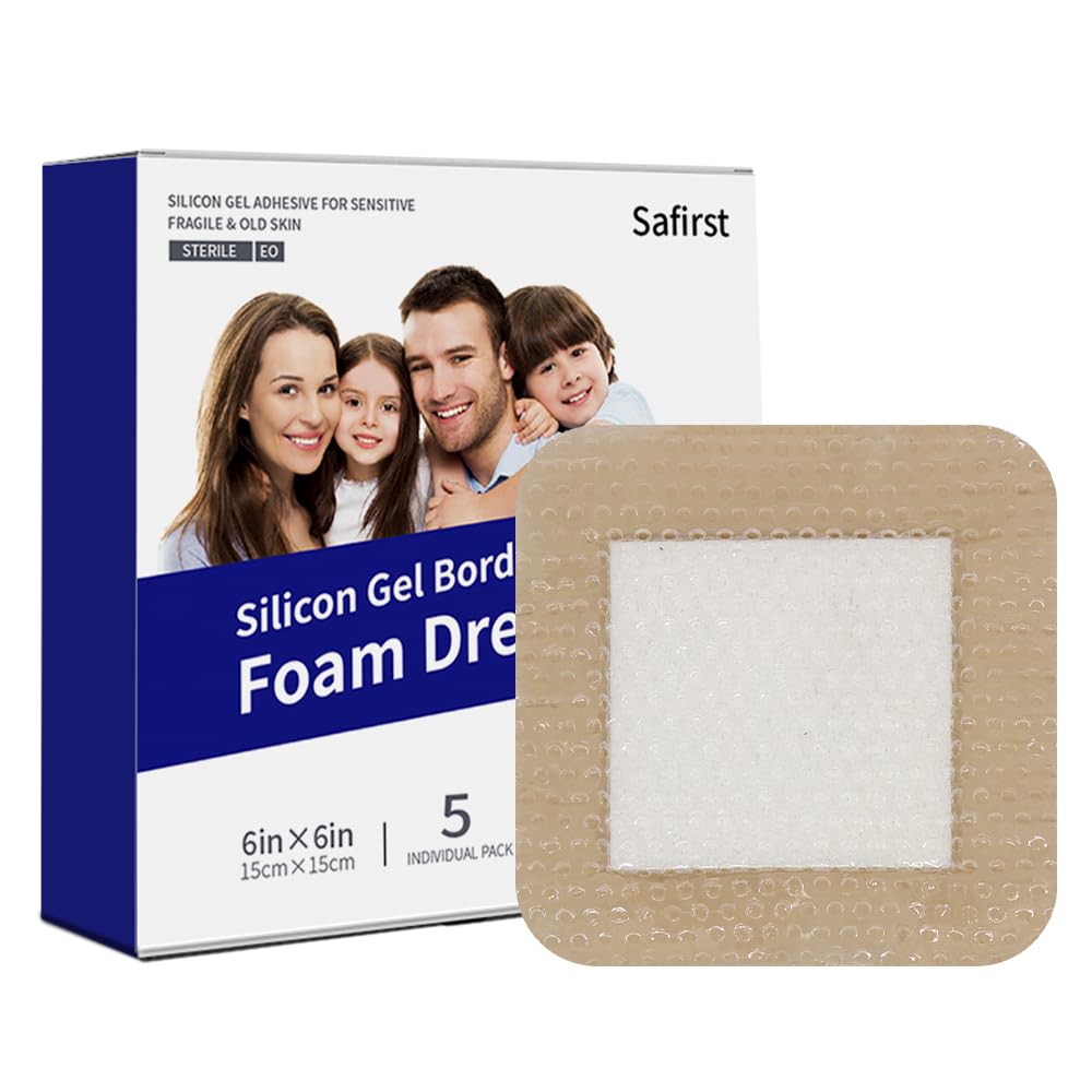 Safirst Silicone Foam Dressing 6"x 6" Waterproof Square Silicone Bandages with Border Adhesive Super Absorbent Heavy Exudate Wound Care Pads, 5 Packs