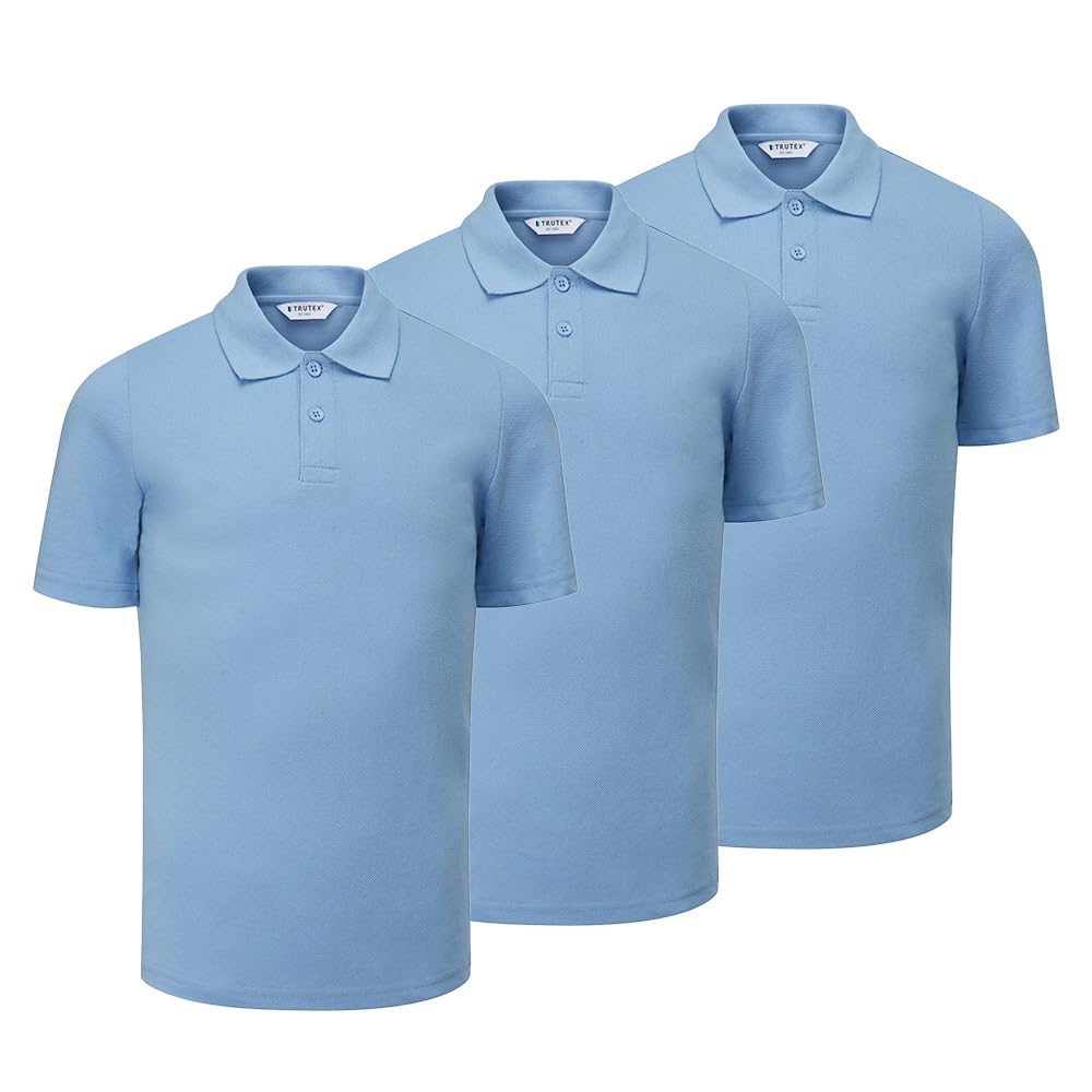 Trutex Basics Pack de 3 Polos Escolares de Manga Corta Regular Fit para Niños y Niñas (2-16 Años), Polos Unisex para Niños y Niñas, Ideales para Kits de Educación Física - Genuine School Uniform Sky