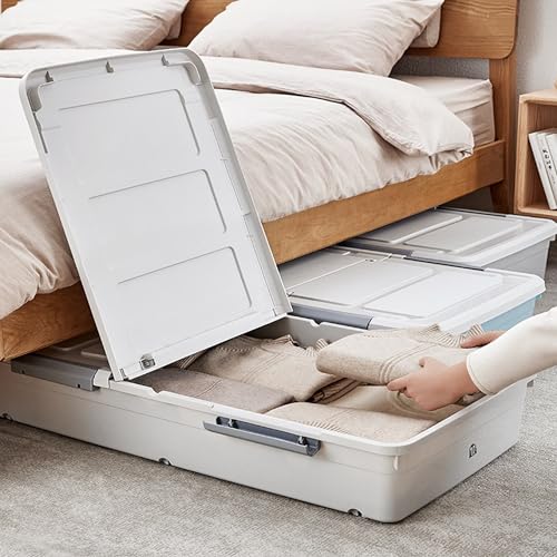 Image of Kuber Industries Pack of 3 Underbed Storage Box | Storage Box with Double Open Lid and Wheels | Multipurpose Dustproof & Stackable Storage Box | YN156 | Gray & White