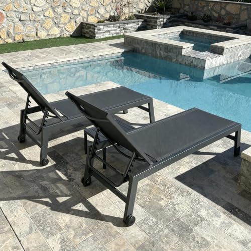 Image of PURPLE LEAF Patio Chaise Lounge Set of 4 with Wheels, Adjustable, Grey | Rustproof Aluminum Frame, Quick-dry Textilene, 5-Position Reclining Back, All-Weather Durable, Side Table Include, for Pool
