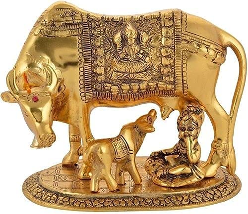 Orbit Art Gallery Kamdhenu Cow with Calf and Krishna Idol Showpiece Brass Like Metal for Home Décor and Decorative Gift - Gold Color
