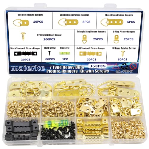 Image of 353PCS Golden Picture Hanging Kit,Picture Hangers Heavy Duty Picture Hanging Hooks with Screws,Picture Frame Hooks Heavy Duty Picture Framing Supplies Kit for Picture Hanging(7 Types)