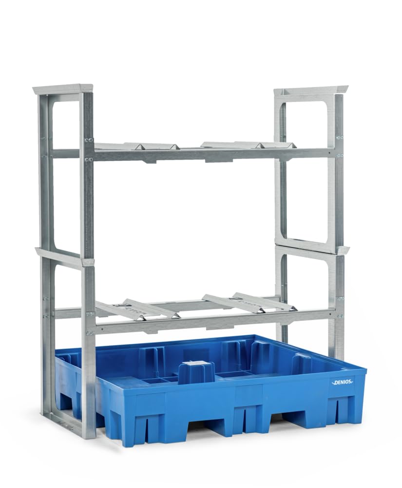 DENIOS Fassregal/Abfüllstation für 4 Fässer à 200 L, Kunststoff-Auffangwanne, 1429 x 1235 x 1637 mm