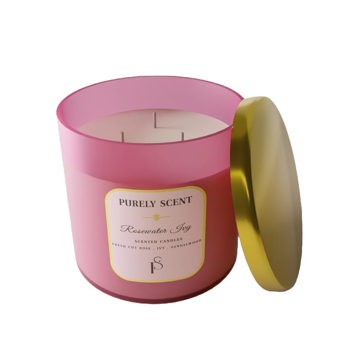 Purely Scent Premium 3 -Wick Rosewater Ivy Soy Wax Scented Candle for Home Ambiance, 100% Pure Soy Wax and Vegetable Wax, 92 Hours Burn Time, Fragrance Candles, Scented Candle for Aromatherapy