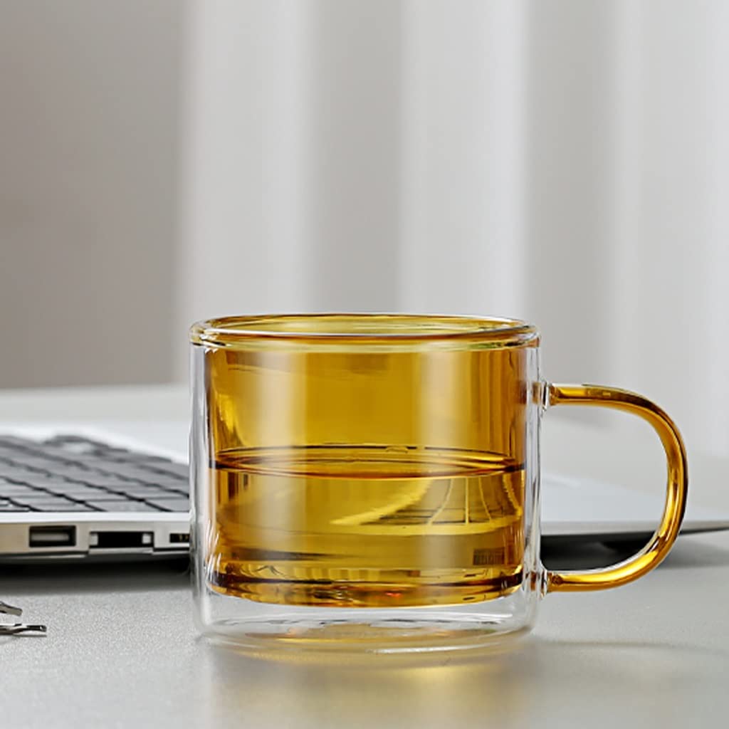 Doppelwandiges Glas-Kaffeetassen-Set mit Griff, isoliert, wiederverwendbar, farbige Trinkgläser, Weingläser, Glasgeschirr, Trinkgläser, Teetasse, 250 ml, Gelb