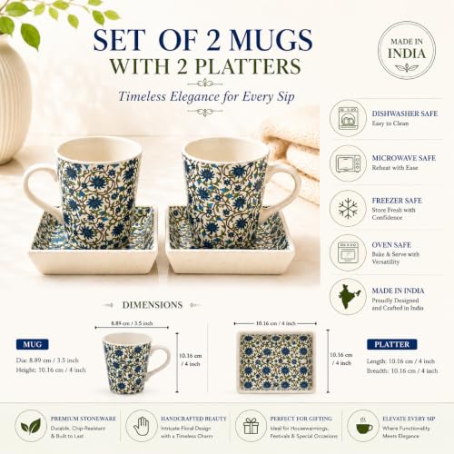 Image of Miah Decor Ceramic Coffee Mugs Set with Serving Platter, Handmade Stoneware