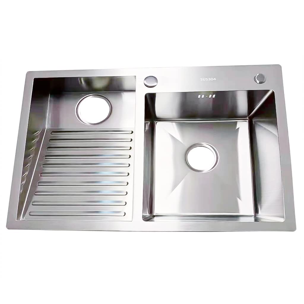ZQFHSX Silver Laundry Sink with Drain Kits, 304 Stainless Steel Utility for Washing Room, Balcony, Shop, 22cm Deep Double Bowl Tub Basin Integrated Washboard (Size : 60cm-Left)