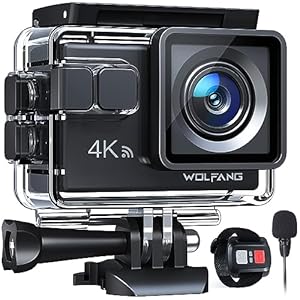 WOLFANG GA100 Action Cam 4K 20MP Unterwasserkamera WiFi 40M wasserdichte EIS Bildstabilisator Helmkamera 170°Weitwinkel Camcorder (Externem Mikrofon, 2.4G Fernbedienung, 2 Akkus und Zubehör Kit)