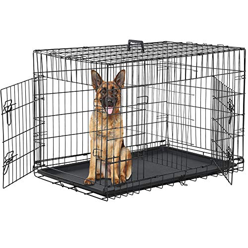 Dog Crate for Large Medium Dogs Folding Dog Kennel Cage with Plastic Tray & Divider 48" Indoor Outdoor Metal Double Door Pet Playpen Heavy Duty Dog Pen Enclosure, Black