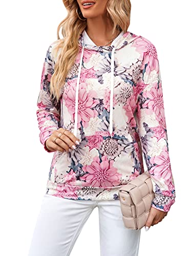 Solersun Women's Floral Hoodies Casual Long Sleeve Drawstring Lightweight Pullover Hooded Sweatshirt Tops With Pockets Pink S #TOP2