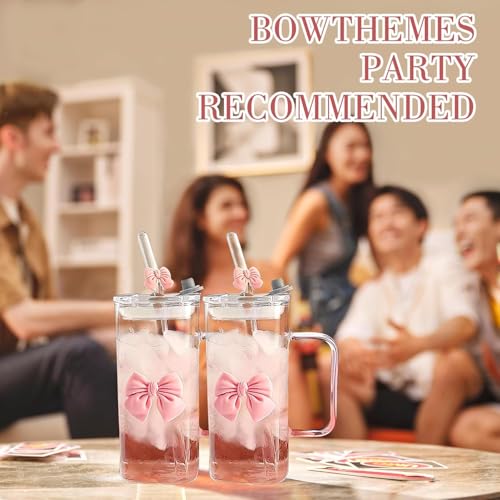 Image of FUNKYFINDS Pink Cute Bow Square Glass Cup with Lid and Straw, Pink Glass Tumbler with Handle Bow Knot Transparent Drinking Glasses for Juice, Iced Coffee, Milk, and Tea Girl Birthday Gifts (Set of 1)