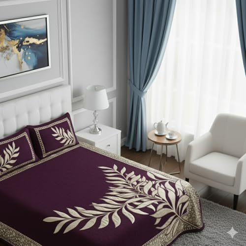 Image of Fresh from Loom Printed Bed Cover with Leaf Print Design, Chenille 500 TC Bedding Fabric, Bedsheet Set with 2 Pillow Covers, Soft Breathable Bed Cover for Bedroo 90x100 Inches | Purple | Chenille