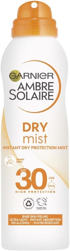 Garnier Ambre Solaire SPF 30 Dry Mist Sun Protection Spray, Water Resistant, Ultra-Light and Non-Greasy, No White Cast, For All Skin Types, 200 ml