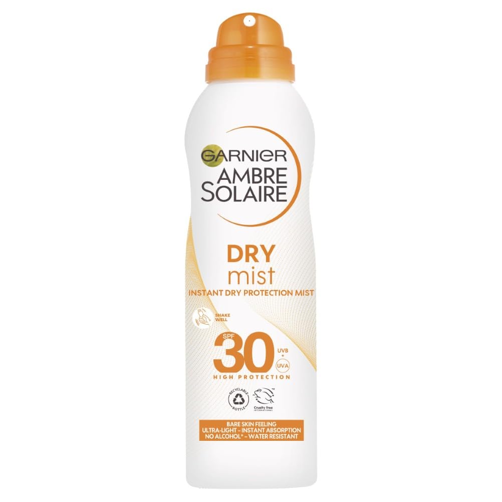 Ambre Solaire SPF 30 Dry Mist Sun Protection Spray, Water Resistant, Ultra-Light and Non-Greasy, No White Cast, For All Skin Types, 200 ml