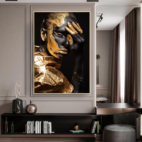 Peintures murales dorées de femme noire pour un salon élégant