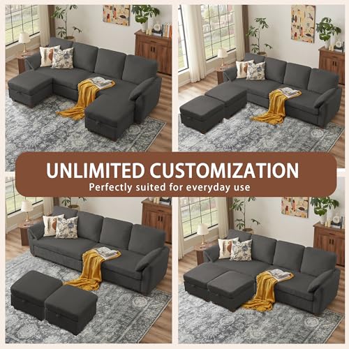 Image of Sectional Sofa with Dual Storage Ottomans, 4 Seat U Shaped Couches for Living Room: Soft Corduroy | Double Movable Chaise Ottoman | Modern Reversible Convertible Couch Set, Dark Grey