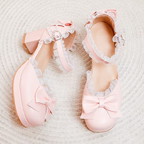 Elbslutt Women's Cute Chunky Platform Sandals Mary Janes Bows Block Heels Lace Closed Toe Ankle Strap Pumps Sweet Shoes 7