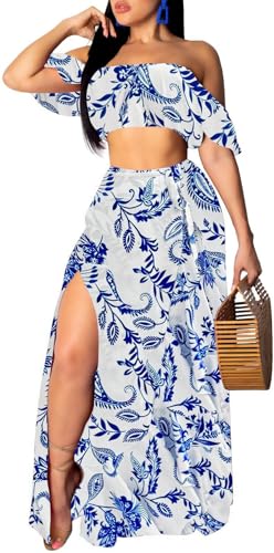 Image of Sexy Two Piece Sets for Women Vacation Elegant Sleeveless Top Long Split Maxi Dress Beach Swimwear