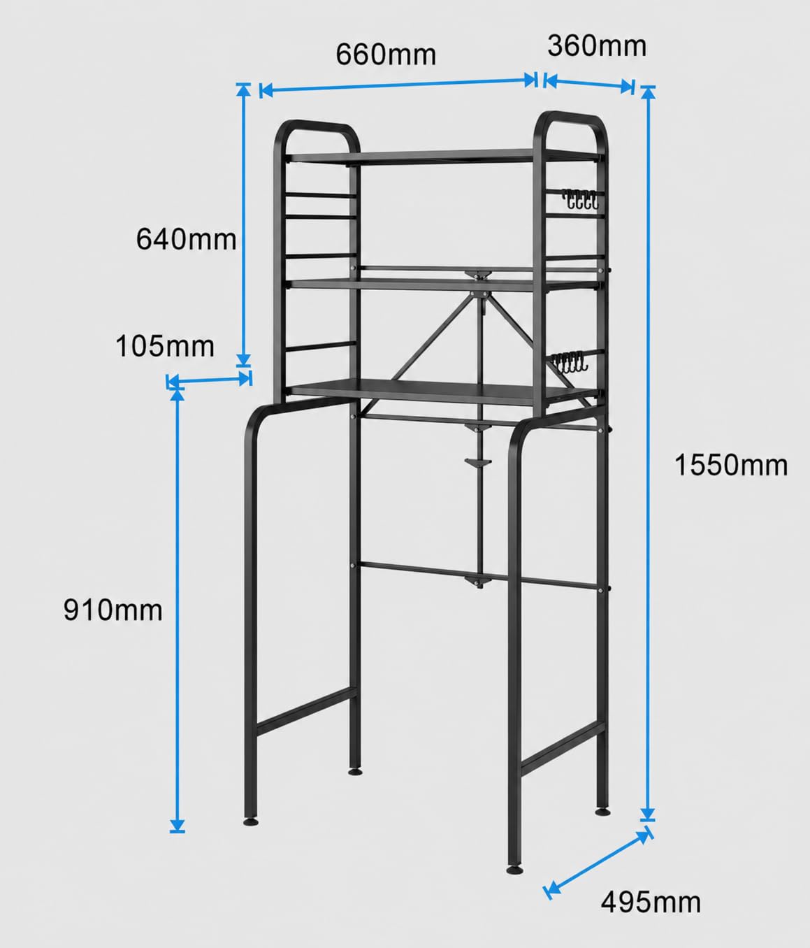 Scaffale Sopra Lavatrice in Metallo a 3 Ripiani, Mobiletto per Lavatrice con 8 Ganci, Ripiano Sopra Lavatrice Regolabile in Altezza, Organizer Stabile per Bagno WC Lavanderia, 66x155x49 cm