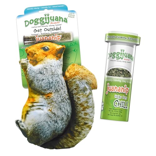 Image of Doggijuana Squirrel & Juananip Bundle | Squeaky Refillable Plush Toy | Refillable squeaky plush dog toy + organic calming catnip; eases anxiety, stress & storms; drug-free, hand-harvested