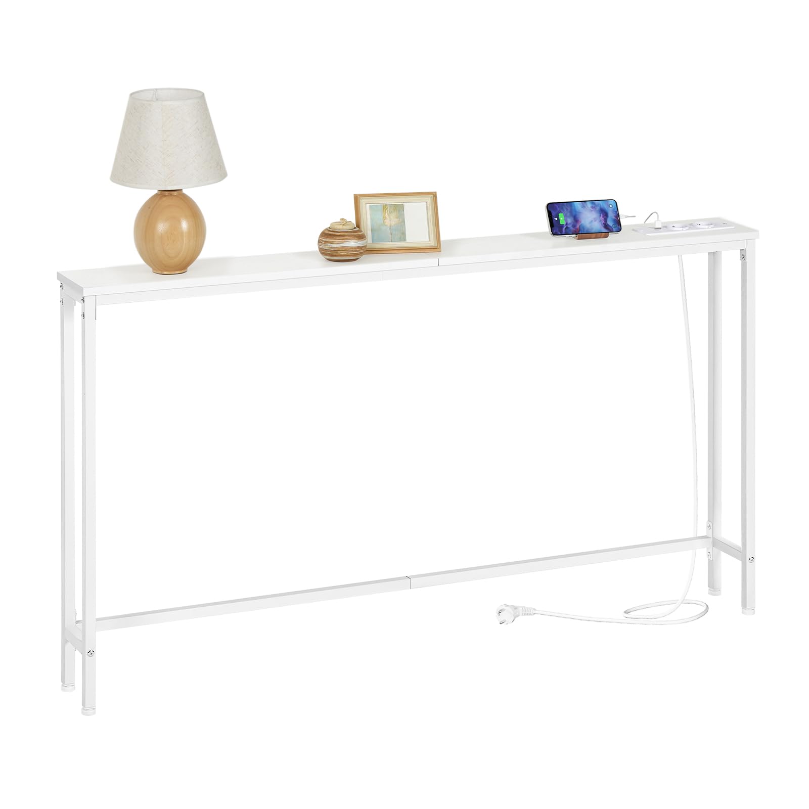 HOOBRO Table Console Fine 140 cm, Bout de Canapé avec Multiprise, Table d’Entrée, Console Meuble Adaptée Derrière Le Canapé, pour Salon, Couloir, Cadre en Métal, Blanc EWW145CXG01