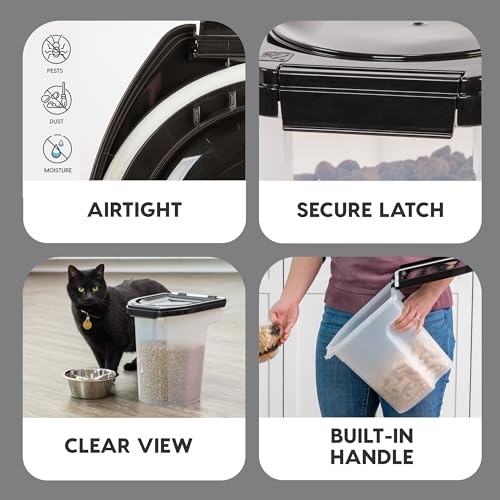 IRIS USA WeatherPro Airtight Pet Food Storage Container, Up to 6.5 lbs, Treat Box for Dog Cat and Bird Food, Keep Fresh, Translucent Body, Easy Clean Up, BPA free, Clear/Black