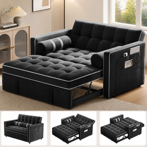 Pipishell 3 in 1 Sleeper Sofa Bed, Pull Out Couch for Living Room with USB Ports & Side Pockets, Adjustable Backrest, Convertible Loveseat Sofa Bed, Futon Couches, Charcoal Black Velvet