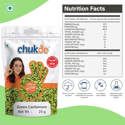 Image of Chukde Hari Elaichi, Green Cardamom Whole Spices, 25g